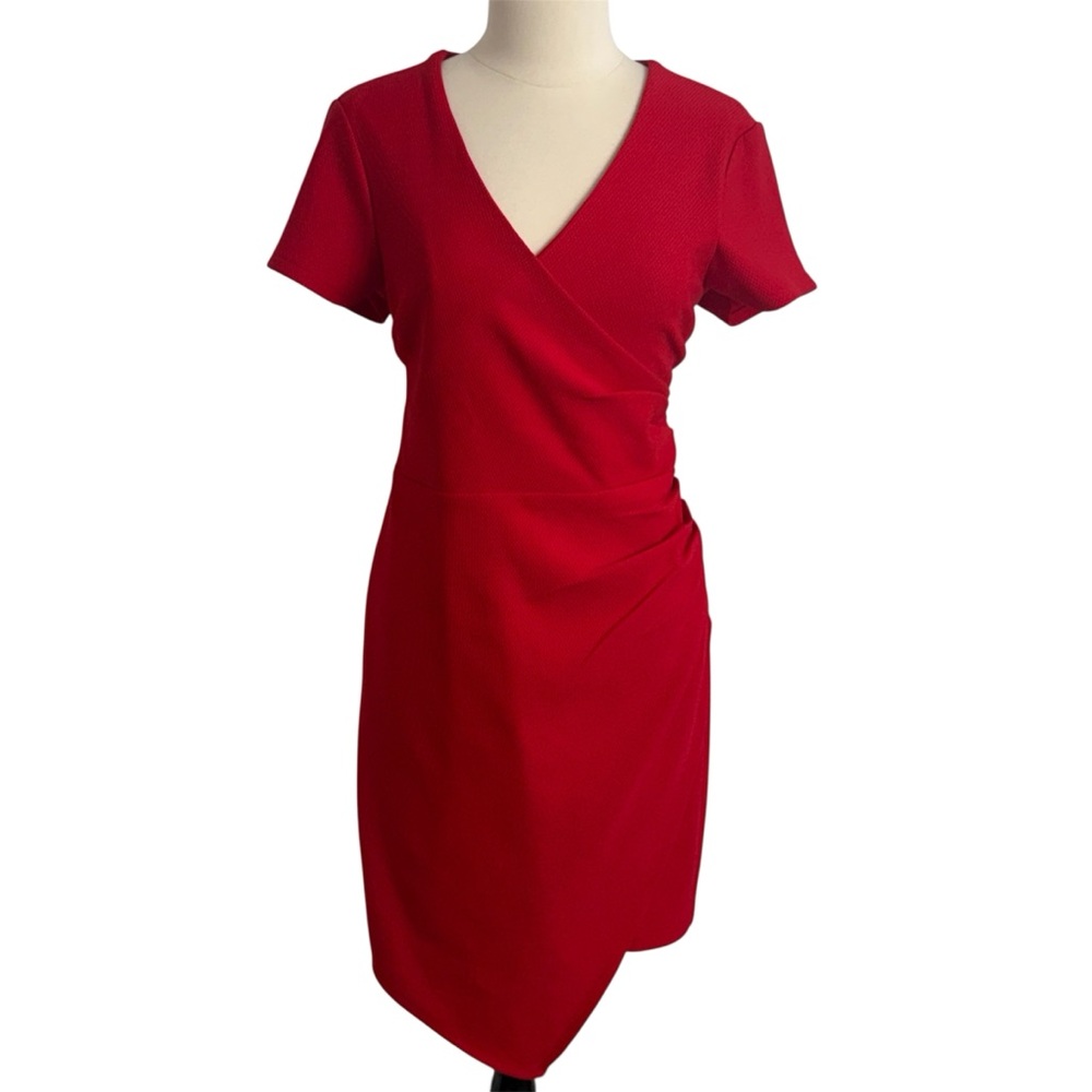 Bisou Bisou Michele Bohbot Sheath Dress, Side Pleating‎ V-Neck Back Zipper, Red